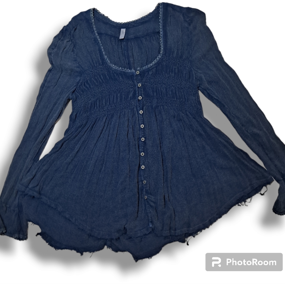Free People Blue Bird Smocked Blue Tunic Long Sleeve Button Down Boho Top Blouse
